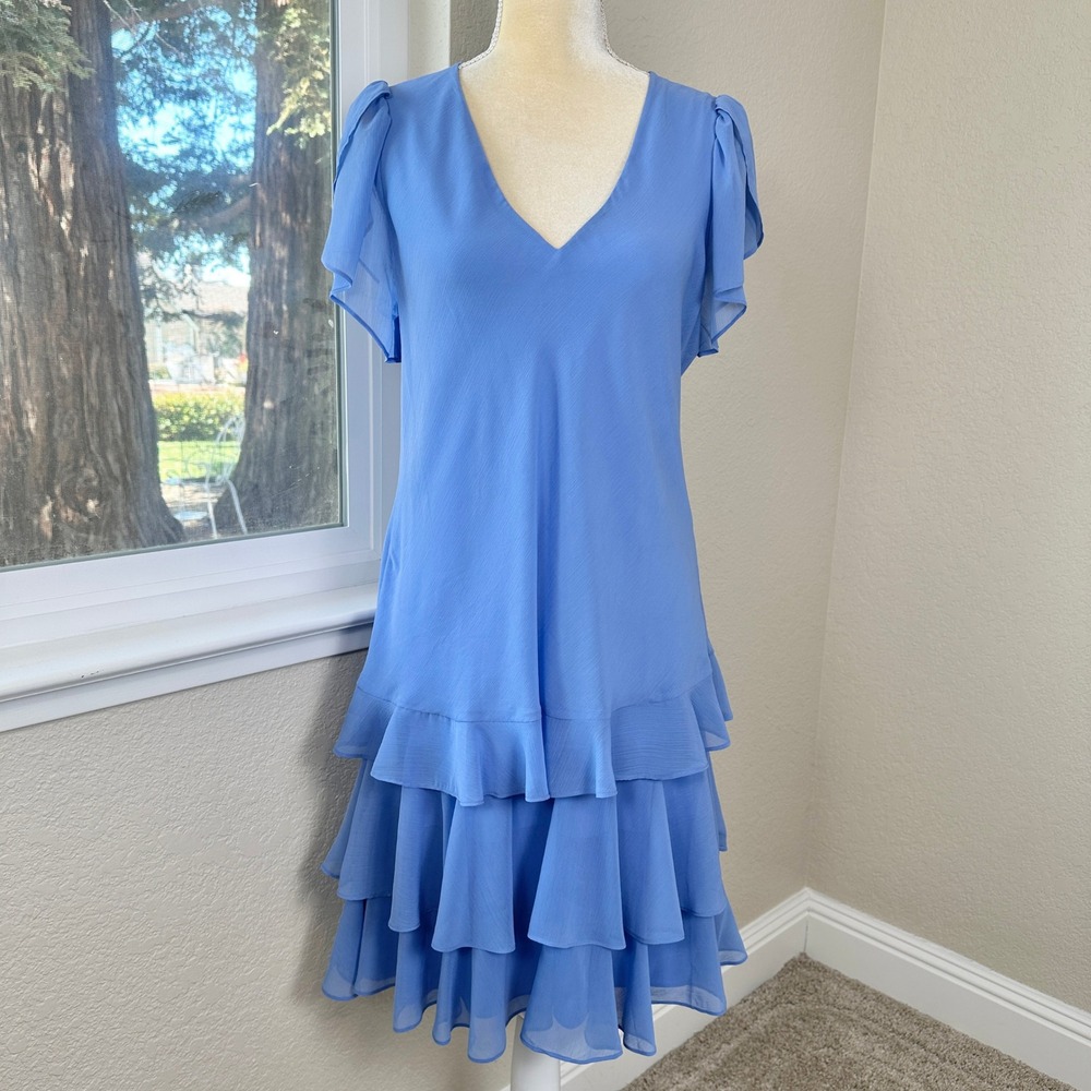 Lauren Ralph Lauren Crinkle Georgette Drop Waist Dress 8 Blue Flutter Cocktail